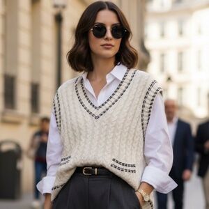 Zara Cream V-Neck Cable Knit Sweater Vest Size Large Old Money Sophisticated